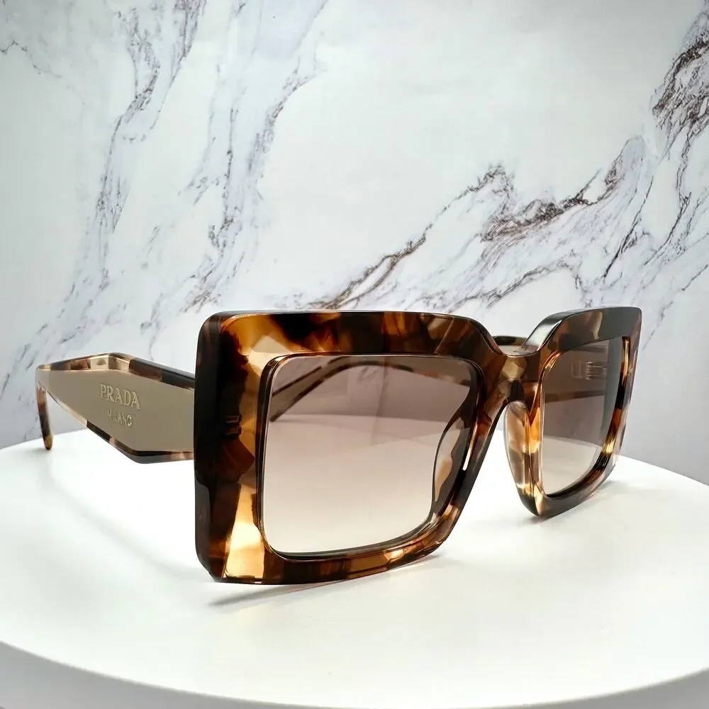 New PRADA Sunglasses Brown Beige Caramel Tortoise Gold Symbole Womens Rectangle